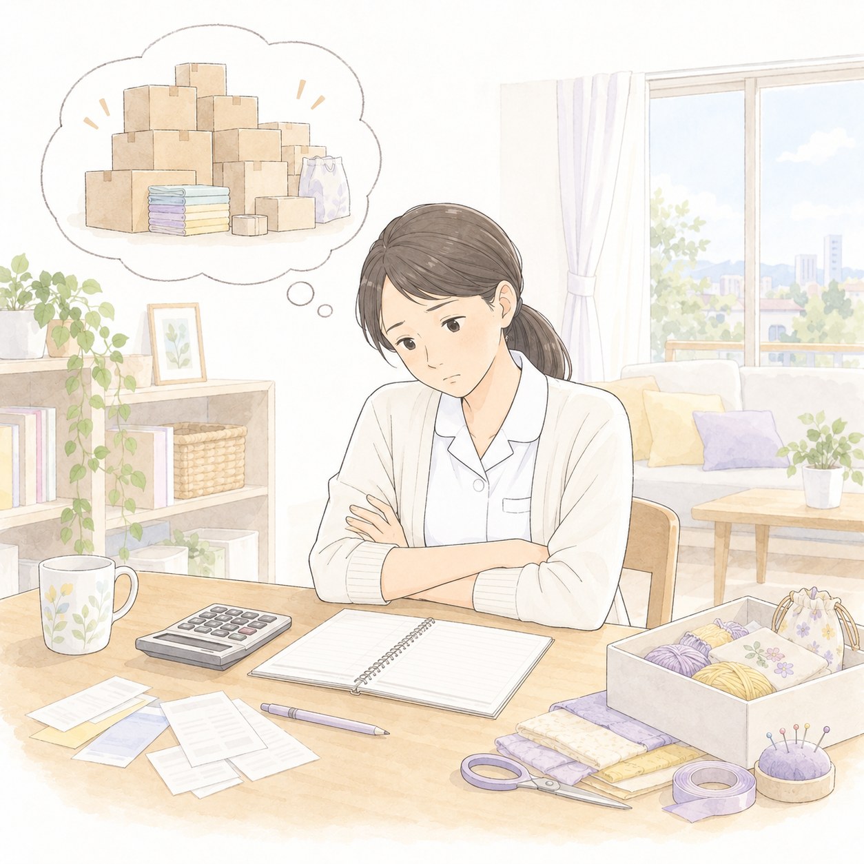 副業の在庫リスクを不安に感じる様子のイラスト