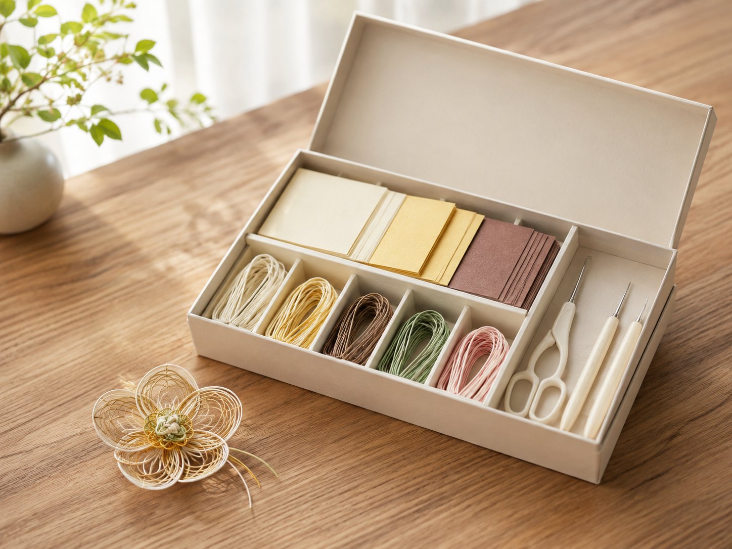 水引のキットの箱と、キットで作った花の作品